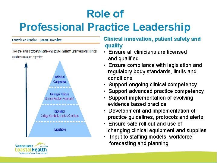 Role of Professional Practice Leadership Clinical innovation, patient safety and quality • Ensure all