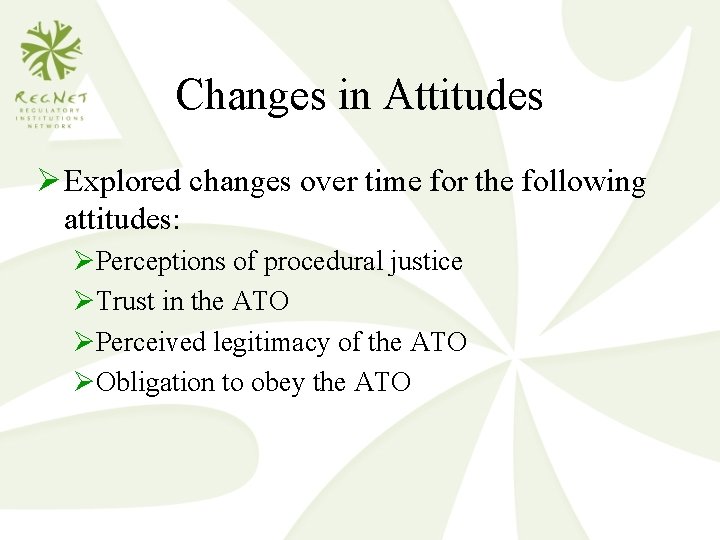 Changes in Attitudes Ø Explored changes over time for the following attitudes: ØPerceptions of