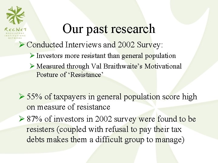 Our past research Ø Conducted Interviews and 2002 Survey: Ø Investors more resistant than