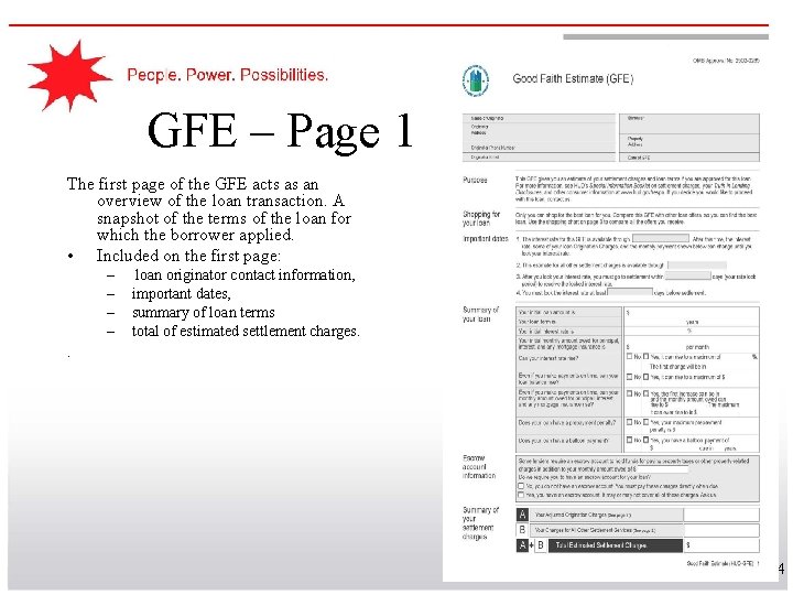 GFE – Page 1 The first page of the GFE acts as an overview