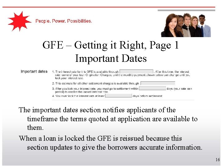 GFE – Getting it Right, Page 1 Important Dates The important dates section notifies
