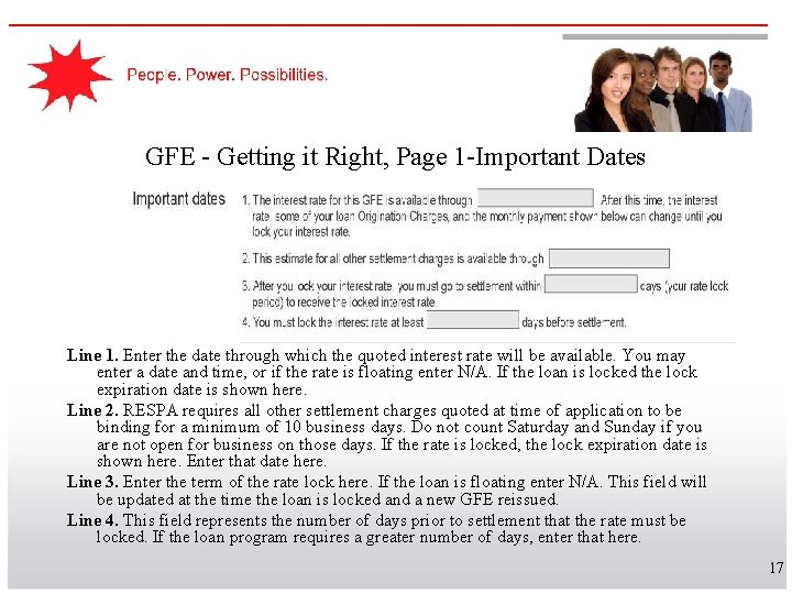 GFE - Getting it Right, Page 1 -Important Dates Line 1. Enter the date