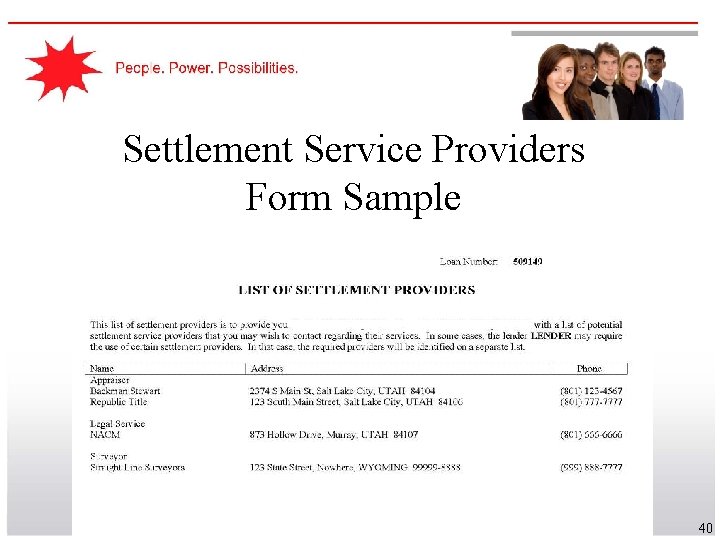 Settlement Service Providers Form Sample 40 