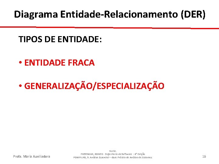 Diagrama Entidade-Relacionamento (DER) TIPOS DE ENTIDADE: • ENTIDADE FRACA • GENERALIZAÇÃO/ESPECIALIZAÇÃO Profa. Maria Auxiliadora