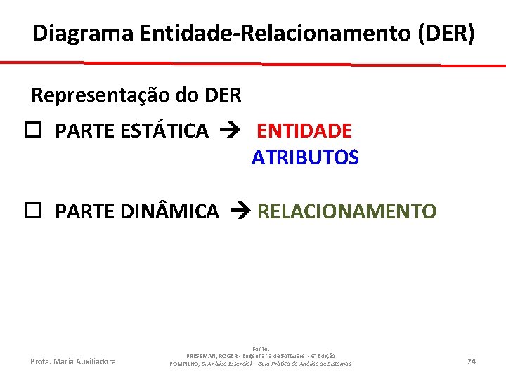 Diagrama Entidade-Relacionamento (DER) Representação do DER ¨ PARTE ESTÁTICA ENTIDADE ATRIBUTOS ¨ PARTE DIN