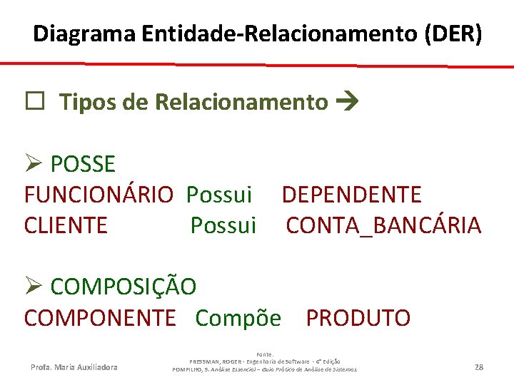 Diagrama Entidade-Relacionamento (DER) ¨ Tipos de Relacionamento Ø POSSE FUNCIONÁRIO Possui DEPENDENTE CLIENTE Possui