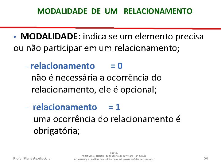 MODALIDADE DE UM RELACIONAMENTO MODALIDADE: indica se um elemento precisa ou não participar em