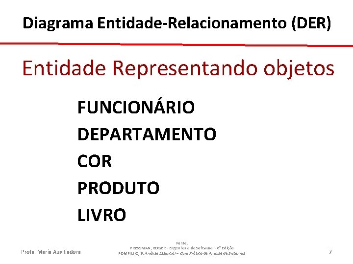 Diagrama Entidade-Relacionamento (DER) Entidade Representando objetos FUNCIONÁRIO DEPARTAMENTO COR PRODUTO LIVRO Profa. Maria Auxiliadora