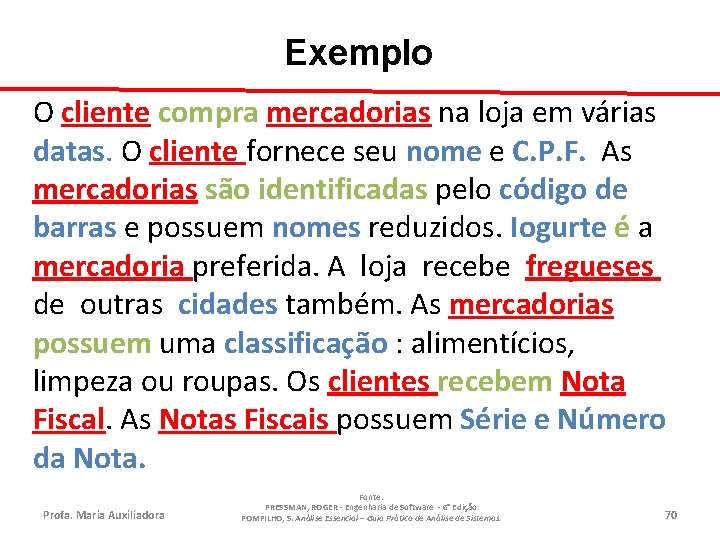 Exemplo O cliente compra mercadorias na loja em várias datas. O cliente fornece seu