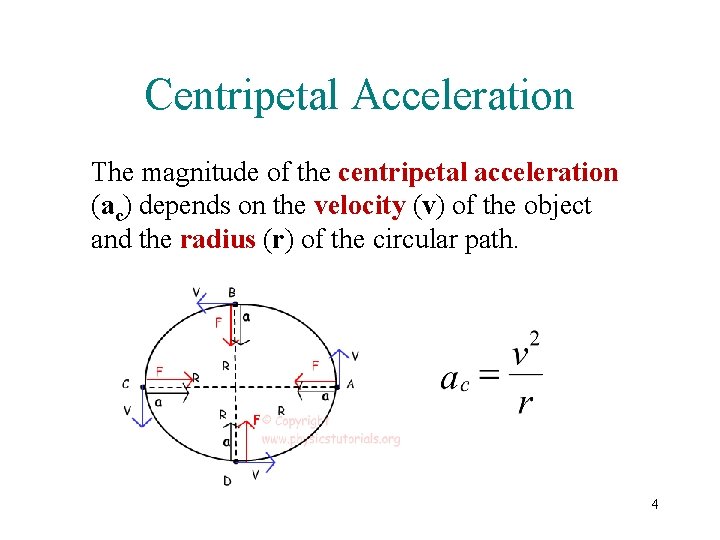 Centripetal Acceleration The magnitude of the centripetal acceleration (ac) depends on the velocity (v)