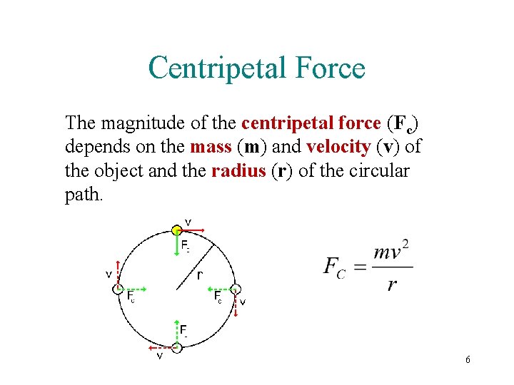 Centripetal Force The magnitude of the centripetal force (Fc) depends on the mass (m)