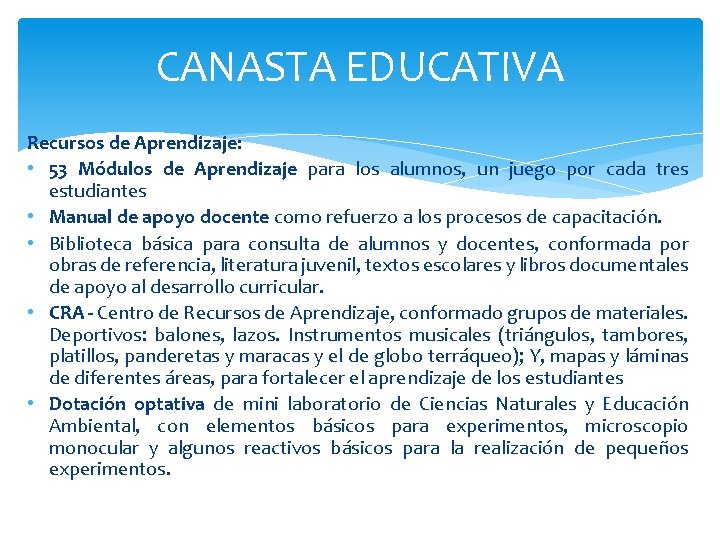 CANASTA EDUCATIVA Recursos de Aprendizaje: • 53 Módulos de Aprendizaje para los alumnos, un
