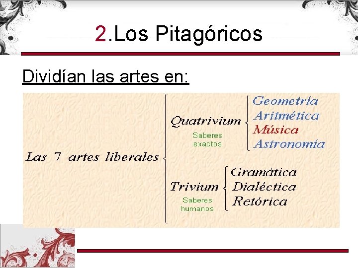 2. Los Pitagóricos Dividían las artes en: 