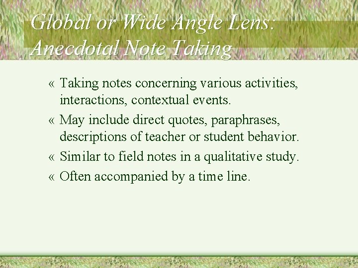 Global or Wide Angle Lens: Anecdotal Note Taking « Taking notes concerning various activities,