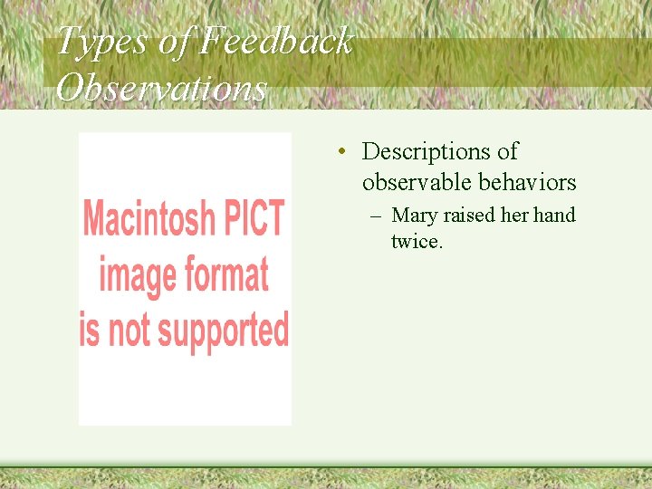 Types of Feedback Observations • Descriptions of observable behaviors – Mary raised her hand