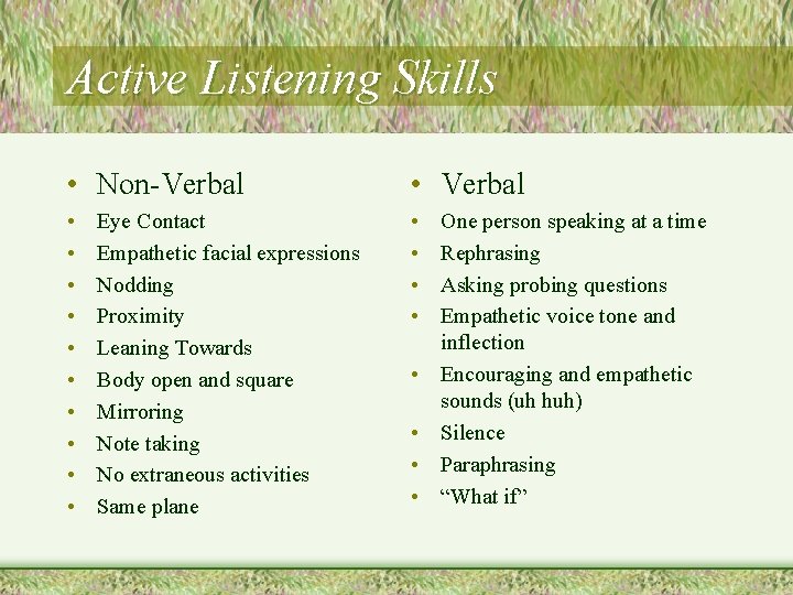 Active Listening Skills • Non-Verbal • • • • Eye Contact Empathetic facial expressions