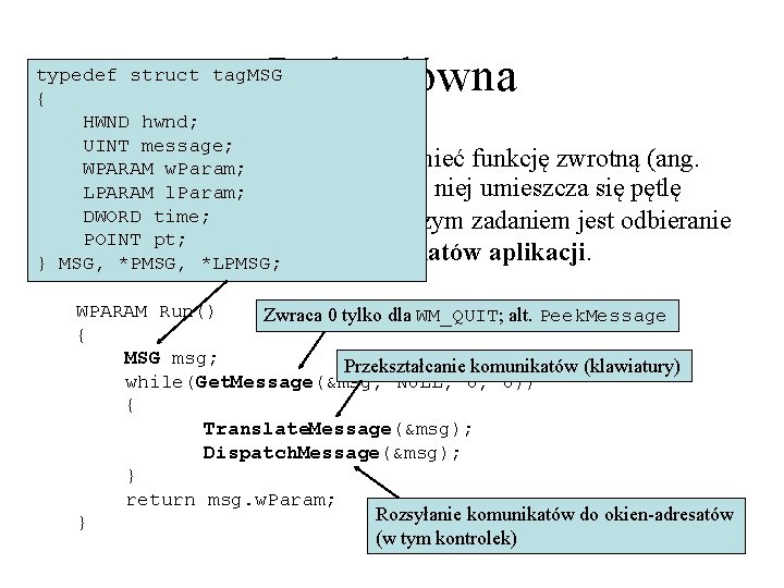 Pętla główna typedef struct tag. MSG { HWND hwnd; UINT message; • Każda WPARAMaplikacja