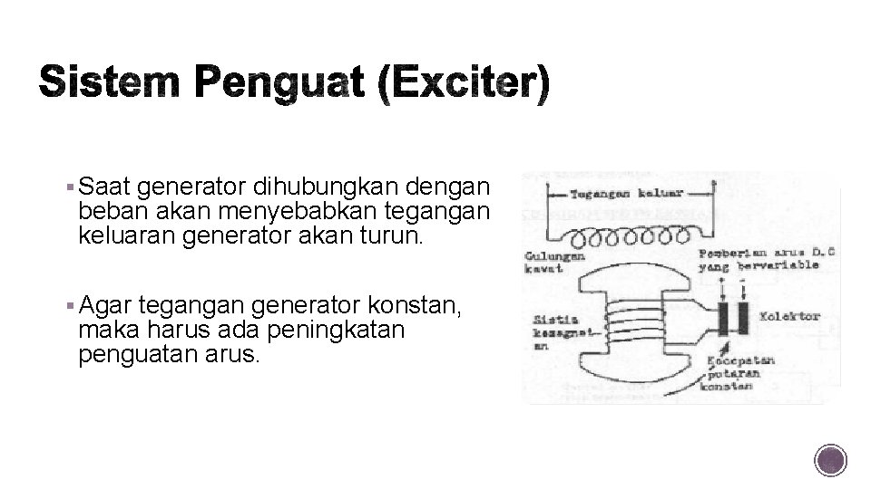 § Saat generator dihubungkan dengan beban akan menyebabkan tegangan keluaran generator akan turun. §