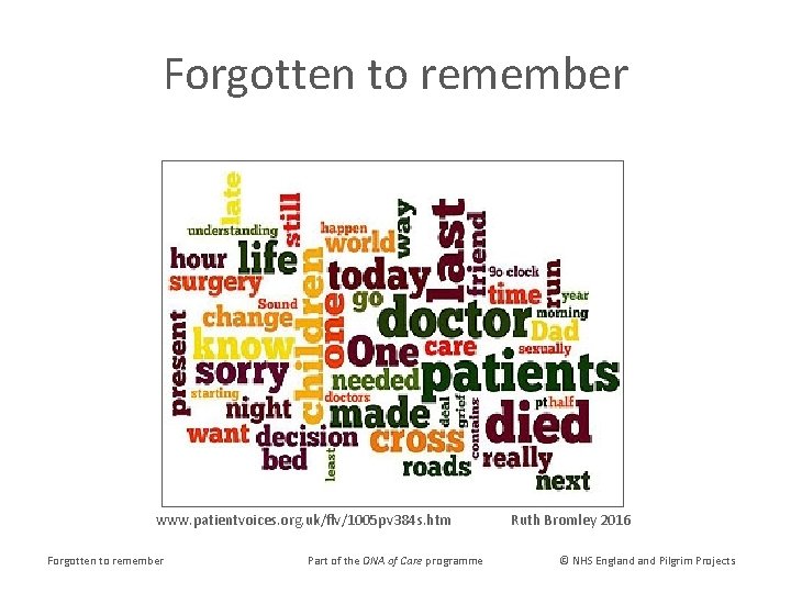 Forgotten to remember www. patientvoices. org. uk/flv/1005 pv 384 s. htm Forgotten to remember