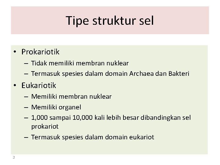 Tipe struktur sel • Prokariotik – Tidak memiliki membran nuklear – Termasuk spesies dalam