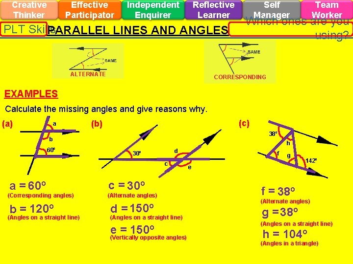 Creative Thinker Effective Participator Independent Enquirer Reflective Learner PLT Skills PARALLEL LINES AND ANGLES