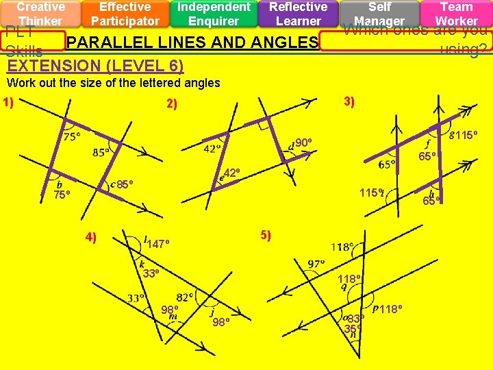 Creative Thinker Effective Participator Independent Enquirer Reflective Learner PLT PARALLEL LINES AND ANGLES Skills