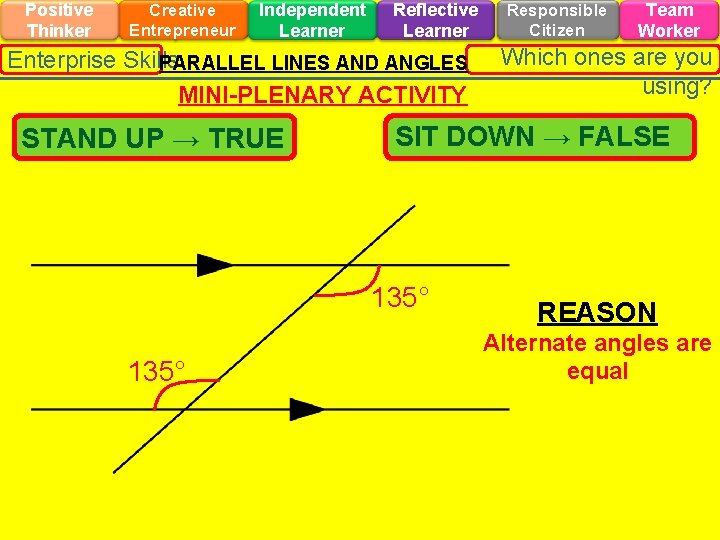 Positive Thinker Creative Entrepreneur Independent Learner Reflective Learner Enterprise Skills PARALLEL LINES AND ANGLES