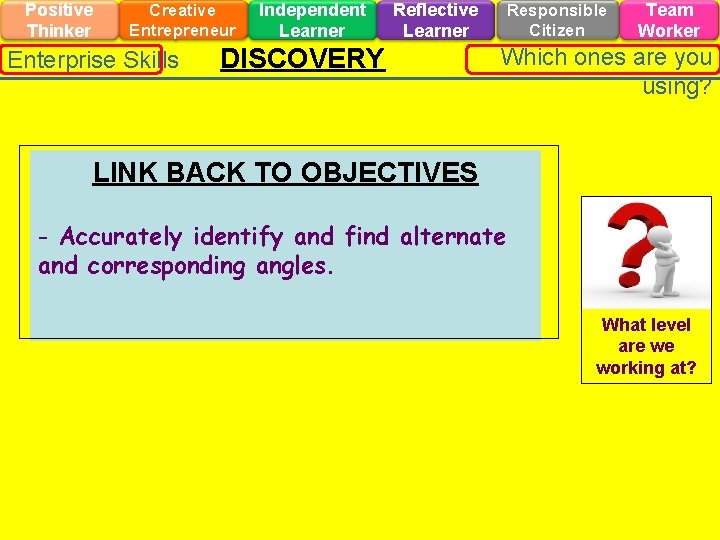 Positive Thinker Creative Entrepreneur Enterprise Skills Independent Learner Reflective Learner DISCOVERY Responsible Citizen Team