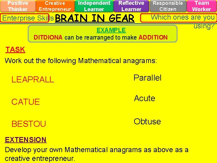 Positive Thinker Creative Entrepreneur Independent Learner Enterprise Skills BRAIN Reflective Learner IN GEAR Responsible