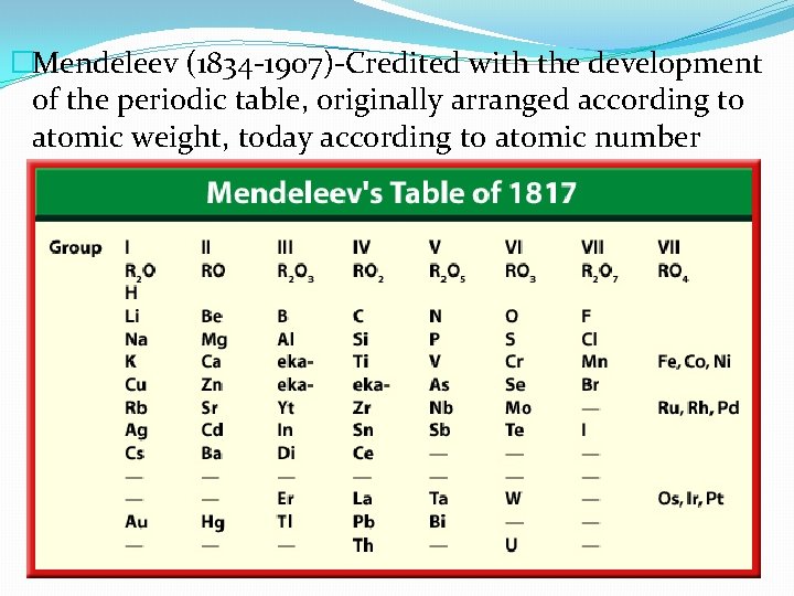 �Mendeleev (1834 -1907)-Credited with the development of the periodic table, originally arranged according to