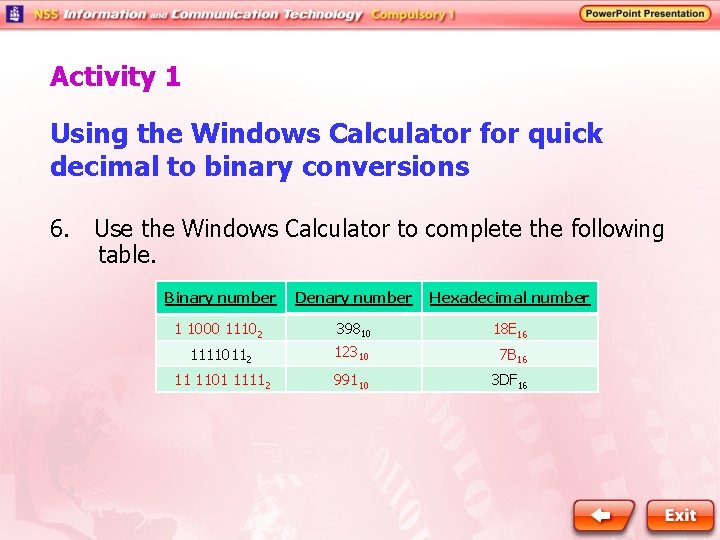 Activity 1 Using the Windows Calculator for quick decimal to binary conversions 6. Use Activity 1 Using the Windows Calculator for quick decimal to binary conversions 6. Use