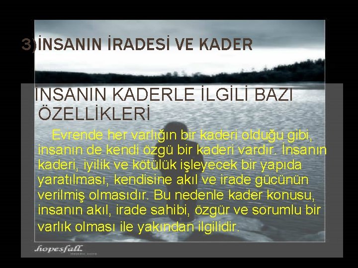 3)İNSANIN İRADESİ VE KADER İNSANIN KADERLE İLGİLİ BAZI ÖZELLİKLERİ Evrende her varlığın bir kaderi