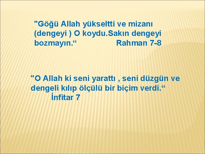 "Göğü Allah yükseltti ve mizanı (dengeyi ) O koydu. Sakın dengeyi bozmayın. “ Rahman