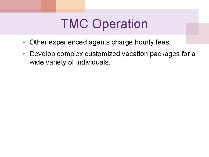 TMC Operation • Other experienced agents charge hourly fees. • Develop complex customized vacation