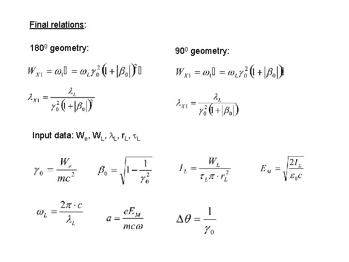 Final relations: 1800 geometry: Input data: We, WL, L, r. L, L 900 geometry: