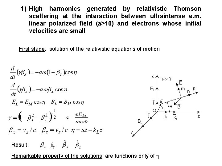 1) High harmonics generated by relativistic Thomson scattering at the interaction between ultraintense e.