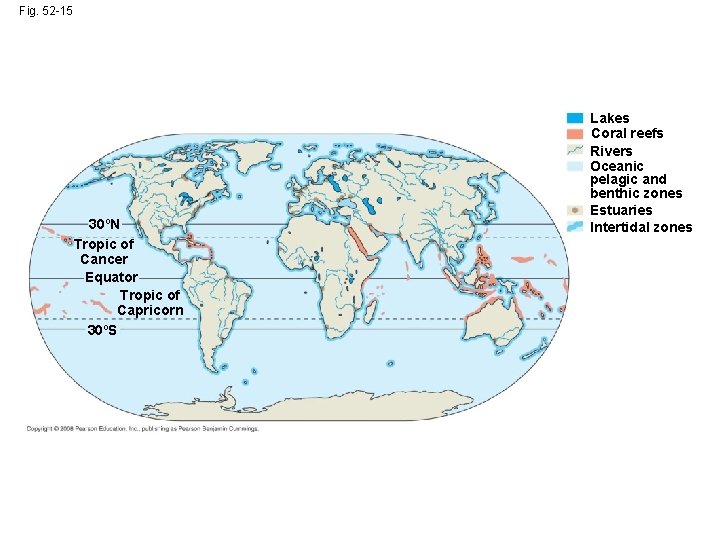 Fig. 52 -15 30ºN Tropic of Cancer Equator Tropic of Capricorn 30ºS Lakes Coral