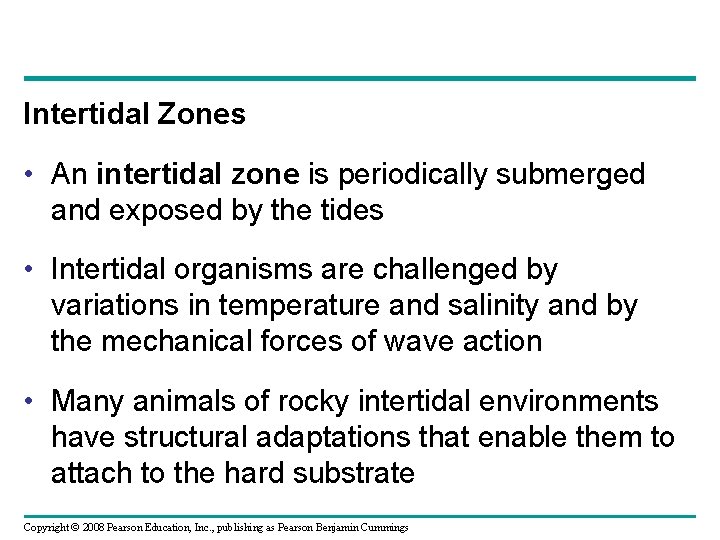 Intertidal Zones • An intertidal zone is periodically submerged and exposed by the tides