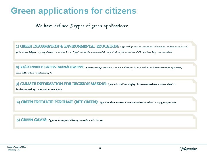 Green applications for citizens We have defined 5 types of green applications: 1) GREEN