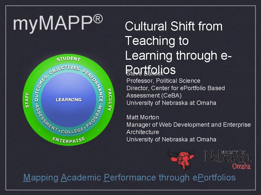 ® my. MAPP Cultural Shift from Teaching to Learning through e. Portfolios Steve Bullock