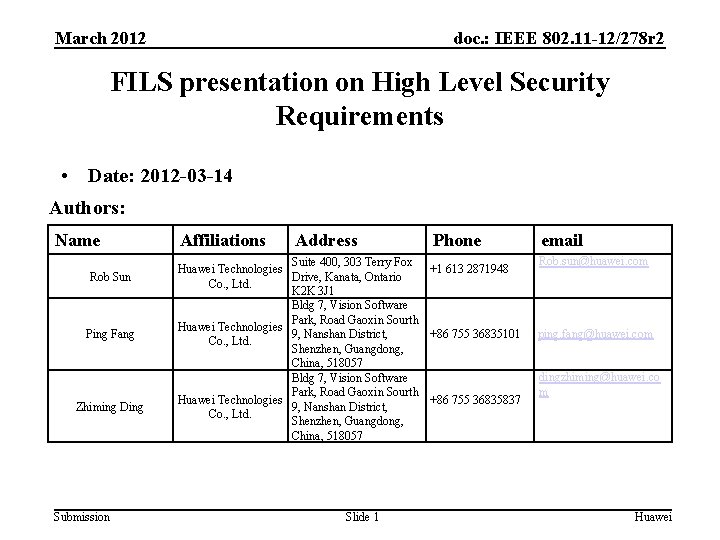 March 2012 doc. : IEEE 802. 11 -12/278 r 2 FILS presentation on High March 2012 doc. : IEEE 802. 11 -12/278 r 2 FILS presentation on High