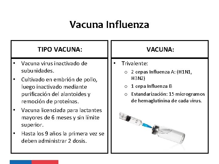 Vacuna Influenza TIPO VACUNA: • Vacuna virus inactivado de subunidades. • Cultivado en embrión