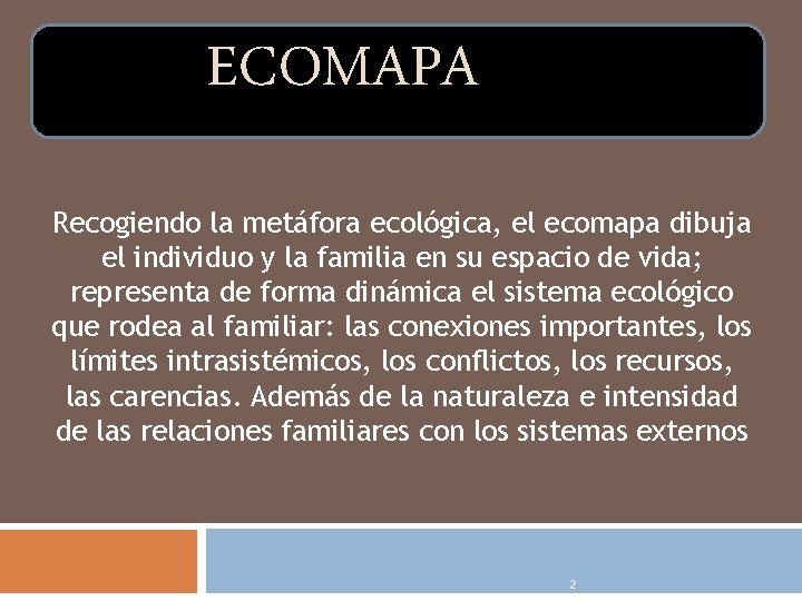 ECOMAPA Recogiendo la metáfora ecológica, el ecomapa dibuja el individuo y la familia en