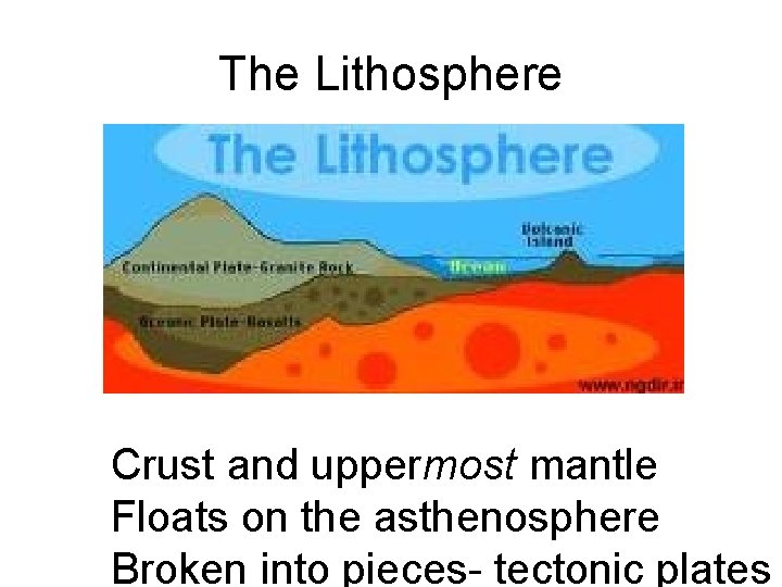 The Lithosphere • Crust and uppermost mantle Floats on the asthenosphere Broken into pieces-