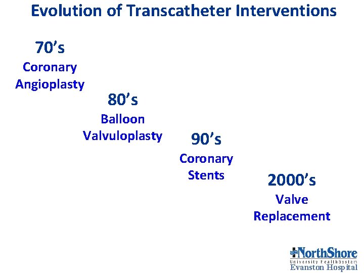 Evolution of Transcatheter Interventions 70’s Coronary Angioplasty 80’s Balloon Valvuloplasty 90’s Coronary Stents 2000’s Evolution of Transcatheter Interventions 70’s Coronary Angioplasty 80’s Balloon Valvuloplasty 90’s Coronary Stents 2000’s