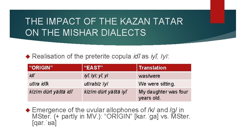 THE IMPACT OF THE KAZAN TATAR ON THE MISHAR DIALECTS Realisation of the preterite