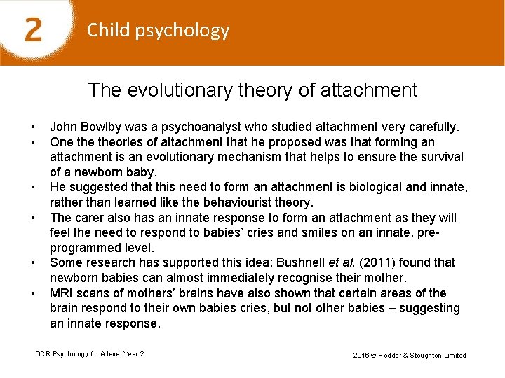 Child psychology The evolutionary theory of attachment • • • John Bowlby was a