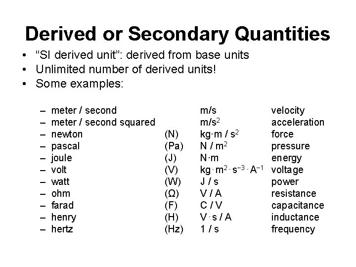 Derived or Secondary Quantities • “SI derived unit”: derived from base units • Unlimited