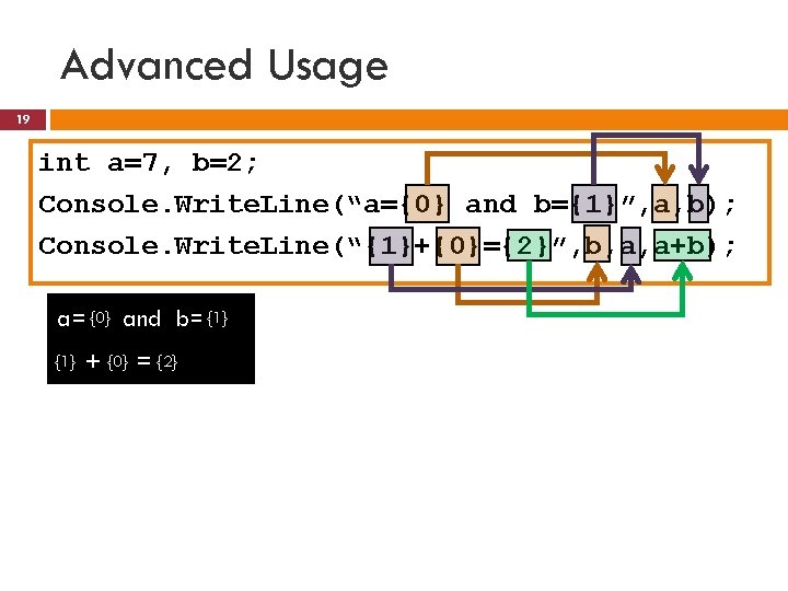 Advanced Usage 19 int a=7, b=2; Console. Write. Line(“a={0} and b={1}”, a, b); Console.