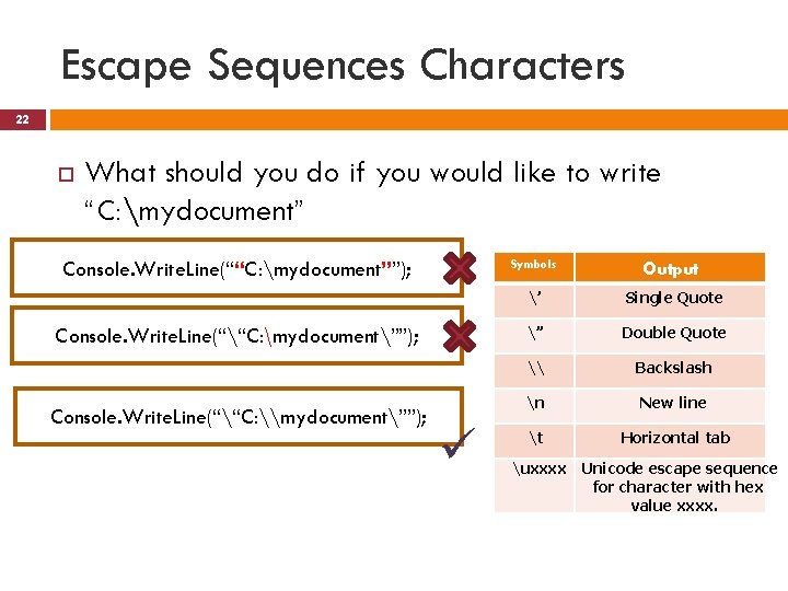 Escape Sequences Characters 22 What should you do if you would like to write